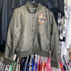 Large Max edition olive green silk bomber jacket flower detail. See pics 4 flaws